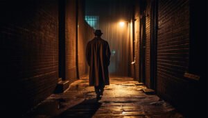 Silhouette of a private investigator training - walking alone through a dark, rain-soaked alley under a streetlight