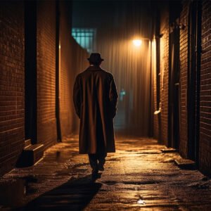Silhouette of a private investigator training - walking alone through a dark, rain-soaked alley under a streetlight